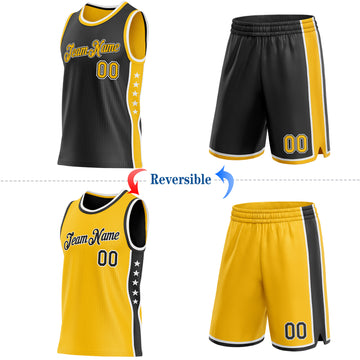 Custom Reversible Black Gold-White Double Side Star Sublimation Basketball Suit Jersey