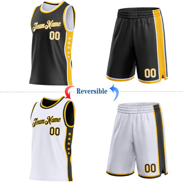 Custom Reversible Black White-Gold Double Side Star Sublimation Basketball Suit Jersey