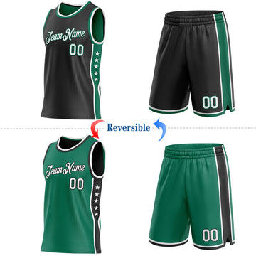 Custom Reversible Black White-Kelly Green Double Side Star Sublimation Basketball Suit Jersey