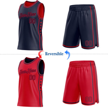 Custom Reversible Navy Red Double Side Star Sublimation Basketball Suit Jersey
