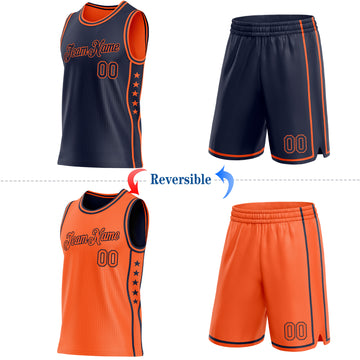 Custom Reversible Navy Orange Double Side Star Sublimation Basketball Suit Jersey