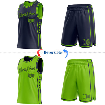 Custom Reversible Navy Neon Green Double Side Star Sublimation Basketball Suit Jersey