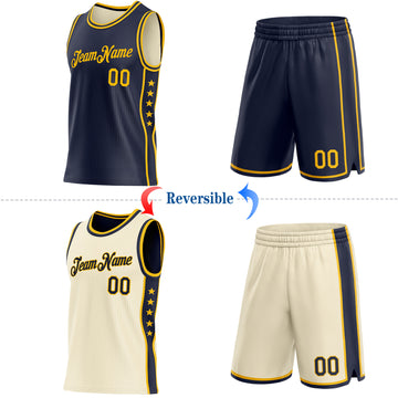 Custom Reversible Navy Gold Double Side Star Sublimation Basketball Suit Jersey