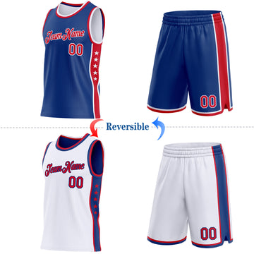 Custom Reversible Royal Red-White Double Side Star Sublimation Basketball Suit Jersey