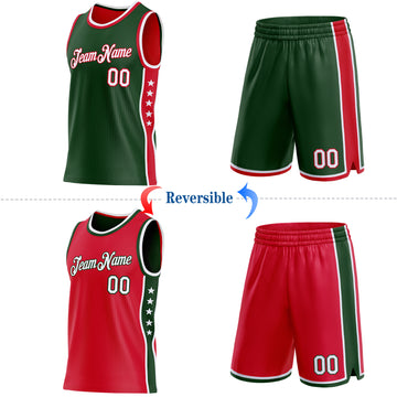 Custom Reversible Green White-Red Double Side Star Sublimation Basketball Suit Jersey