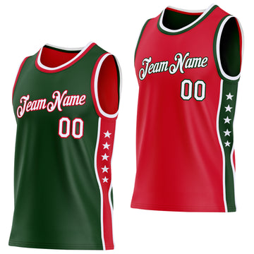 Custom Reversible Green White-Red Double Side Star Sublimation Basketball Suit Jersey