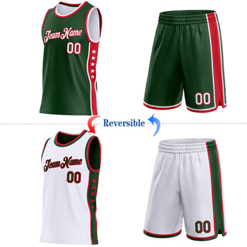 Custom Reversible Green White-Red Double Side Star Sublimation Basketball Suit Jersey