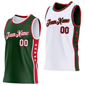 Custom Reversible Green White-Red Double Side Star Sublimation Basketball Suit Jersey
