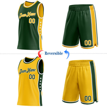 Custom Reversible Green Gold-White Double Side Star Sublimation Basketball Suit Jersey