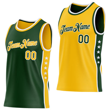 Custom Reversible Green Gold-White Double Side Star Sublimation Basketball Suit Jersey