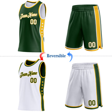Custom Reversible Green White-Gold Double Side Star Sublimation Basketball Suit Jersey