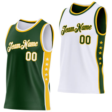 Custom Reversible Green White-Gold Double Side Star Sublimation Basketball Suit Jersey