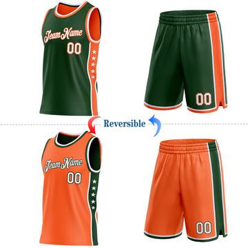Custom Reversible Green White-Orange Double Side Star Sublimation Basketball Suit Jersey