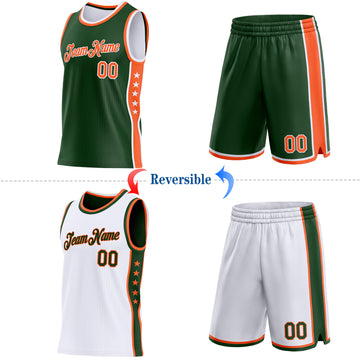 Custom Reversible Green Orange-White Double Side Star Sublimation Basketball Suit Jersey