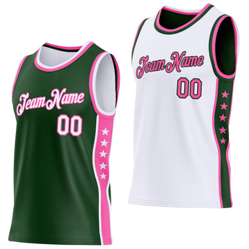 Custom Reversible Green White-Pink Double Side Star Sublimation Basketball Suit Jersey