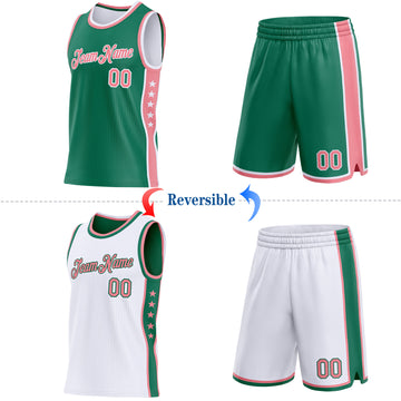Custom Reversible Kelly Green Medium Pink-White Double Side Star Sublimation Basketball Suit Jersey