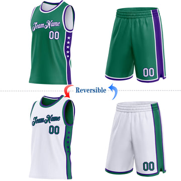Custom Reversible Kelly Green White-Purple Double Side Star Sublimation Basketball Suit Jersey