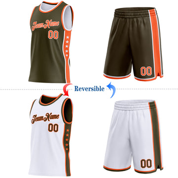 Custom Reversible Olive Orange-White Double Side Star Sublimation Basketball Suit Jersey