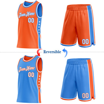 Custom Reversible Orange White-Powder Blue Double Side Star Sublimation Basketball Suit Jersey