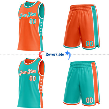 Custom Reversible Orange Aqua-White Double Side Star Sublimation Basketball Suit Jersey