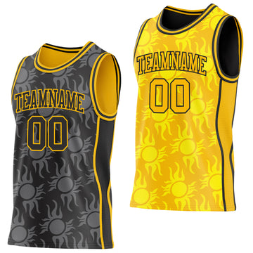 Custom Black-Gold Side Panel Stripe Sun Flame Reversible Double Side Sublimation Basketball Set Jersey