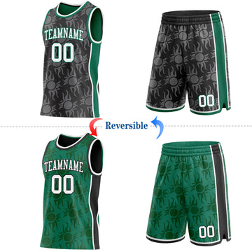 Custom Black White-Kelly Green Side Panel Stripe Sun Flame Reversible Double Side Sublimation Basketball Set Jersey