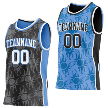 Custom Black White-Light Blue Side Panel Stripe Sun Flame Reversible Double Side Sublimation Basketball Set Jersey