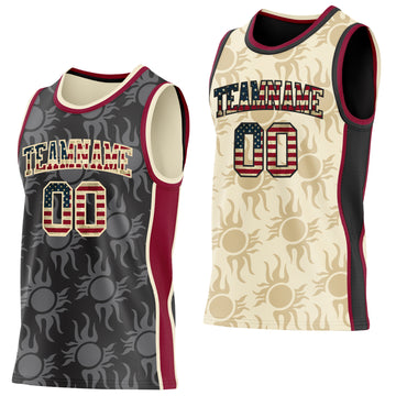 Custom Black Vintage USA Flag Cream-Maroon Side Panel Stripe Sun Flame Reversible Double Side Sublimation Basketball Set Jersey
