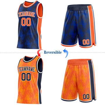 Custom Navy Orange-White Side Panel Stripe Sun Flame Reversible Double Side Sublimation Basketball Set Jersey
