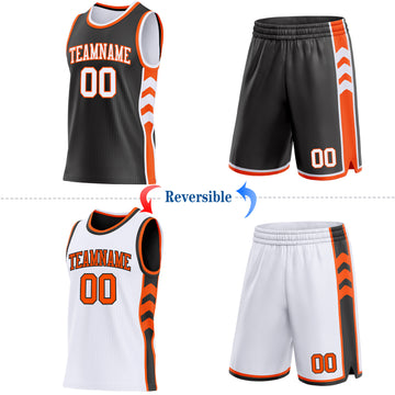 Custom Black White-Orange Side Panel Geometric Chevron Reversible Double Side Sublimation Basketball Set Jersey
