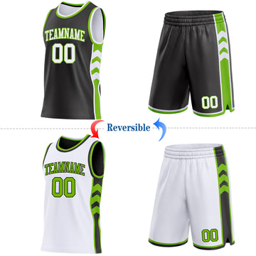 Custom Black White-Neon Green Side Panel Geometric Chevron Reversible Double Side Sublimation Basketball Set Jersey