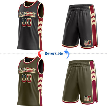 Custom Black(Olive) Vintage USA Flag Cream-Maroon Side Panel Geometric Chevron Reversible Double Side Sublimation Basketball Set Jersey