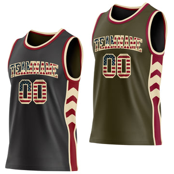 Custom Black(Olive) Vintage USA Flag Cream-Maroon Side Panel Geometric Chevron Reversible Double Side Sublimation Basketball Set Jersey