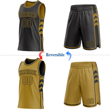 Custom Black-Old Gold Side Panel Geometric Chevron Reversible Double Side Sublimation Basketball Set Jersey
