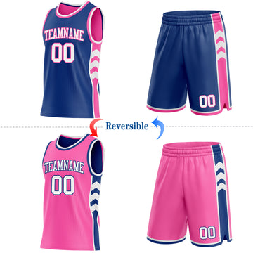 Custom Royal White-Pink Side Panel Geometric Chevron Reversible Double Side Sublimation Basketball Set Jersey