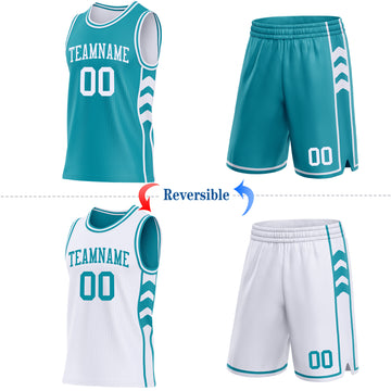 Custom Teal-White Side Panel Geometric Chevron Reversible Double Side Sublimation Basketball Set Jersey