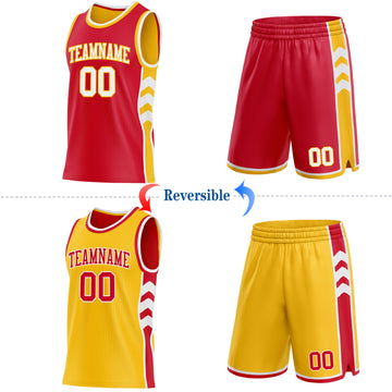 Custom Red White-Gold Side Panel Geometric Chevron Reversible Double Side Sublimation Basketball Set Jersey