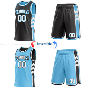 Custom Black White-Sky Blue Side Panel Geometric Chevron Reversible Double Side Sublimation Basketball Set Jersey