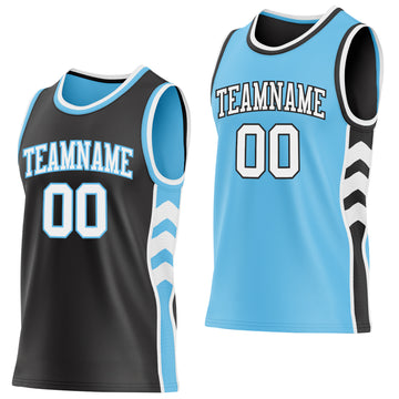 Custom Black White-Sky Blue Side Panel Geometric Chevron Reversible Double Side Sublimation Basketball Set Jersey