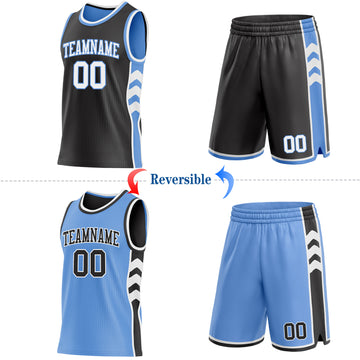 Custom Black White-Light Blue Side Panel Geometric Chevron Reversible Double Side Sublimation Basketball Set Jersey