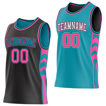 Custom Black Pink-Teal Side Panel Geometric Chevron Reversible Double Side Sublimation Basketball Set Jersey