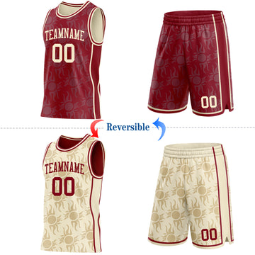 Custom Maroon-Cream Side Panel Stripe Sun Flame Reversible Double Side Sublimation Basketball Set Jersey