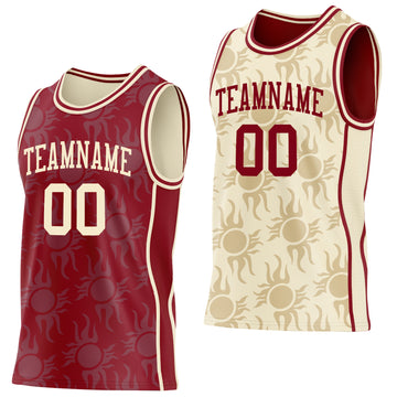 Custom Maroon-Cream Side Panel Stripe Sun Flame Reversible Double Side Sublimation Basketball Set Jersey
