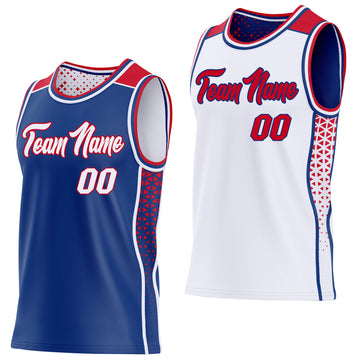 Custom Royal White-Red Side Panel Stripe Geometric Triangle Gradient Dot Reversible Double Side Sublimation Basketball Set Jersey