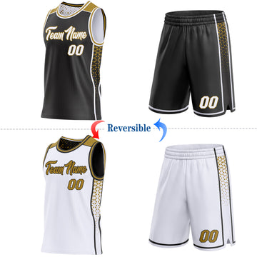 Custom Black White-Old Gold Side Panel Stripe Geometric Triangle Gradient Dot Reversible Double Side Sublimation Basketball Set Jersey