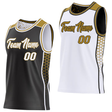 Custom Black White-Old Gold Side Panel Stripe Geometric Triangle Gradient Dot Reversible Double Side Sublimation Basketball Set Jersey