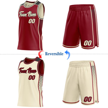 Custom Maroon Cream-Black Side Panel Stripe Geometric Triangle Gradient Dot Reversible Double Side Sublimation Basketball Set Jersey