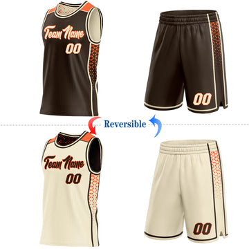 Custom Brown Cream-Orange Side Panel Stripe Geometric Triangle Gradient Dot Reversible Double Side Sublimation Basketball Set Jersey