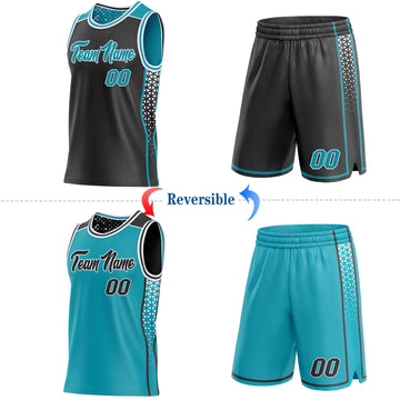 Custom Black Teal-White Side Panel Stripe Geometric Triangle Gradient Dot Reversible Double Side Sublimation Basketball Set Jersey