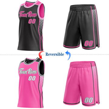 Custom Black Pink-White Side Panel Stripe Geometric Triangle Gradient Dot Reversible Double Side Sublimation Basketball Set Jersey